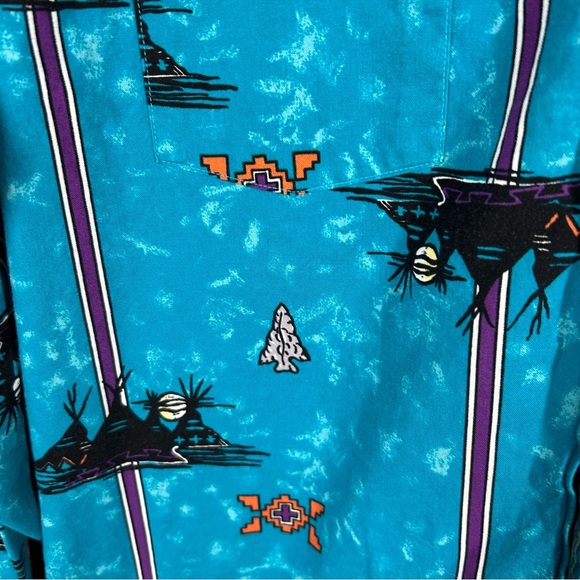 VTG Wrangler Blue Cowboy Cut Regular Fit Aztec Print Western X Long Tails 17 1/2 - Picture 4 of 8